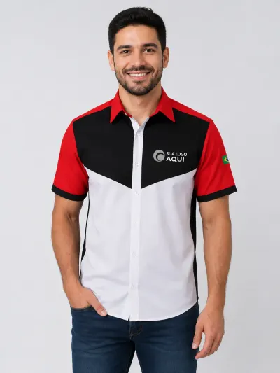 Camisa de Farda Esportiva Personalizada Branca e Vermelha Manga Curta para Uniforme