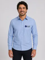 Camisa Social Listrada Personalizada Azul e Branca Manga Longa para Uniforme Masculina e Feminina - Camisas Sociais | América Uniformes MODERNA MENINAS MODA INFANTIL LTDA - foto 1