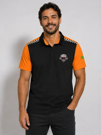 Camisa Esportiva Personalizada Preta e Laranja Manga Curta Gola Polo para Uniforme