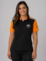 Camisa Esportiva Personalizada Preta e Laranja Manga Curta Gola Polo para Uniforme - Camisas Sociais | América Uniformes MODERNA MENINAS MODA INFANTIL LTDA - foto 1
