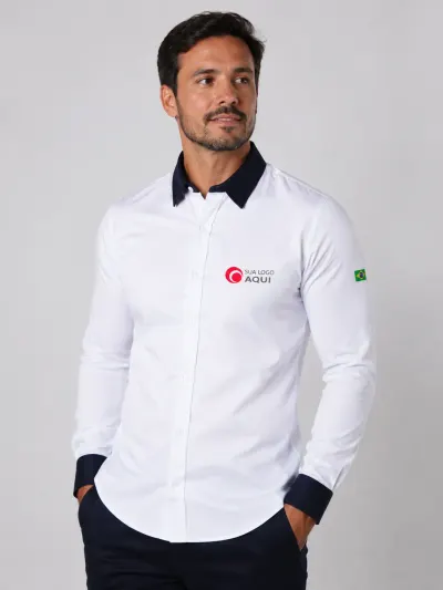 Camisa de Trabalho Social Personalizada Branca e Azul Marinho Manga Longa para Uniforme