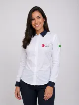 Camisa de Trabalho Social Personalizada Branca e Azul Marinho Manga Longa para Uniforme - Camisas Sociais | América Uniformes MODERNA MENINAS MODA INFANTIL LTDA - foto 3