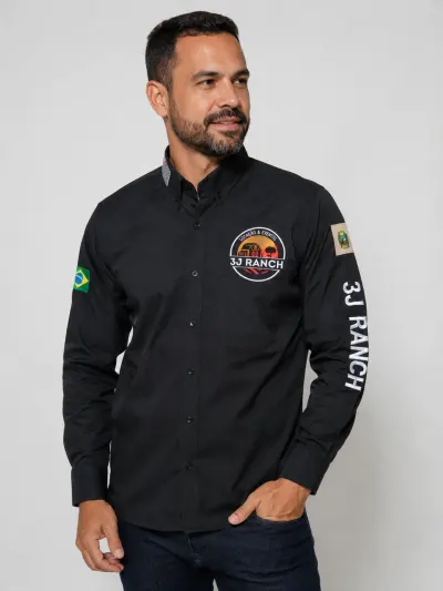 Camisa Agro Personalizada 3J Rancho Preta Manga Longa Masculina e Feminina