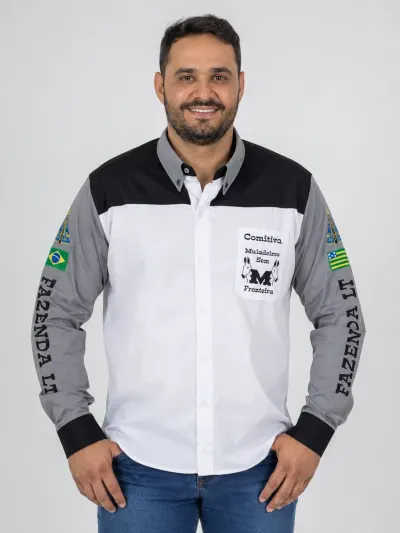 Camisa de Comitiva Personalizada Bicolor Branca e Cinza com Bordados Manga Longa Masculina e Feminina