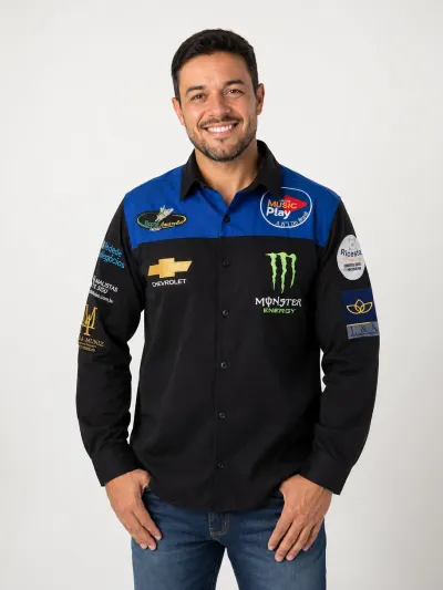 Camisa de Comitiva Personalizada Bicolor Preta e Azul com 13 Bordados Manga Longa Masculina e Feminina