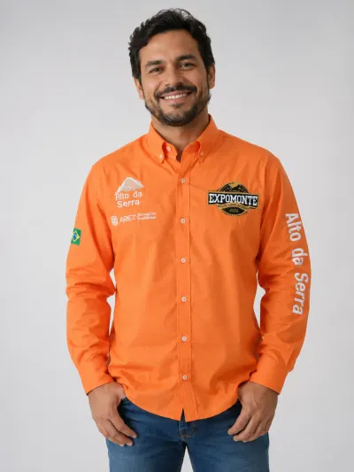Camisa Agro Personalizada Expomonte 2024 Laranja Manga Longa Masculina e Feminina
