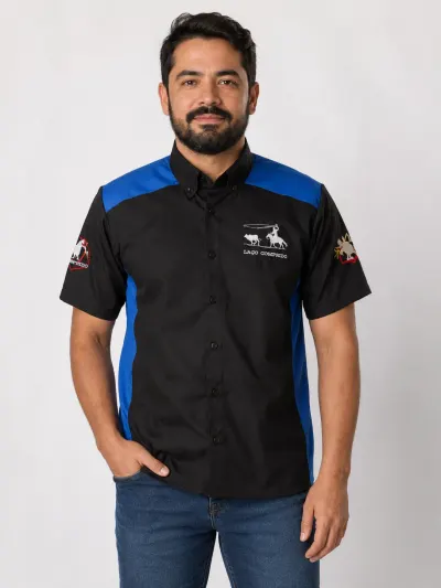Camisa de Comitiva Personalizada Bicolor Preta e Azul com Bordados Manga Curta Masculina e Feminina