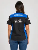 Camisa de Comitiva Personalizada Bicolor Preta e Azul com Bordados Manga Curta Masculina e Feminina - Comitiva | América Uniformes MODERNA MENINAS MODA INFANTIL LTDA - foto 4