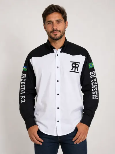 Camisa Agro Personalizada Fazenda Rockemback Branca e Preta Manga Longa Masculina e Feminina