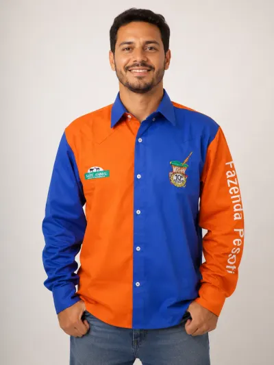 Camisa Agro Personalizada Fazenda Pessoli Laranja e Azul Manga Longa Masculina e Feminina