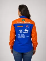 Camisa Agro Personalizada Fazenda Pessoli Laranja e Azul Manga Longa Masculina e Feminina - Agronegócio | América Uniformes MODERNA MENINAS MODA INFANTIL LTDA - foto 4