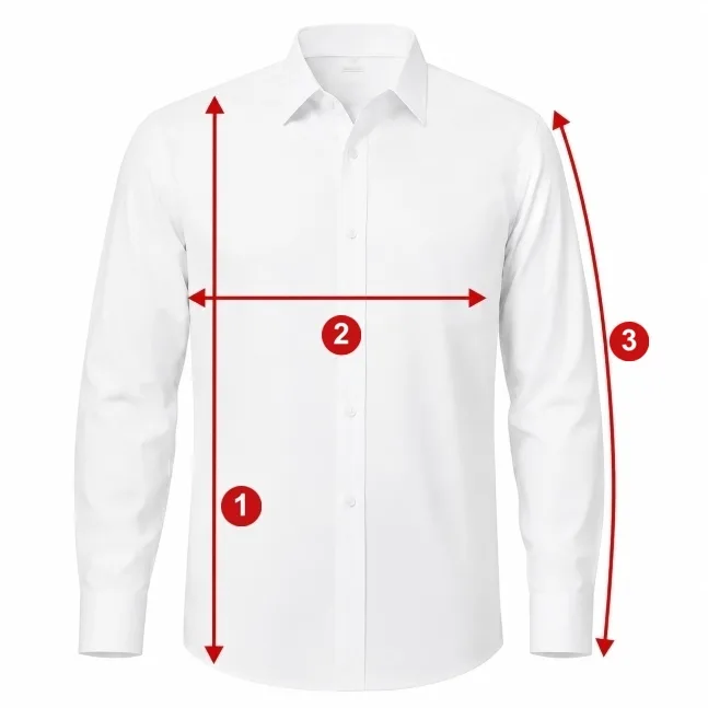 Como medir - ilustração com os pontos de medida numerados da tabela Camisa Masculina Tradicional - Manga Comprida - ML