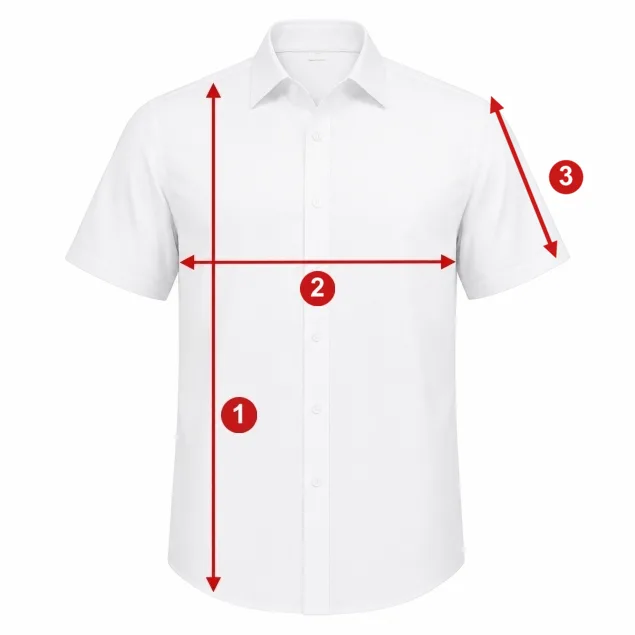 Como medir - ilustração com os pontos de medida numerados da tabela Camisa Masculina Tradicional - Manga Curta - ML