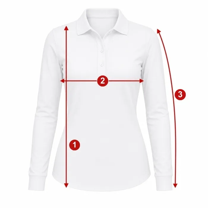 Como medir - ilustração com os pontos de medida numerados da tabela Camiseta Feminina - Manga Comprida (Gola Polo, Redonda ou V)  - ML