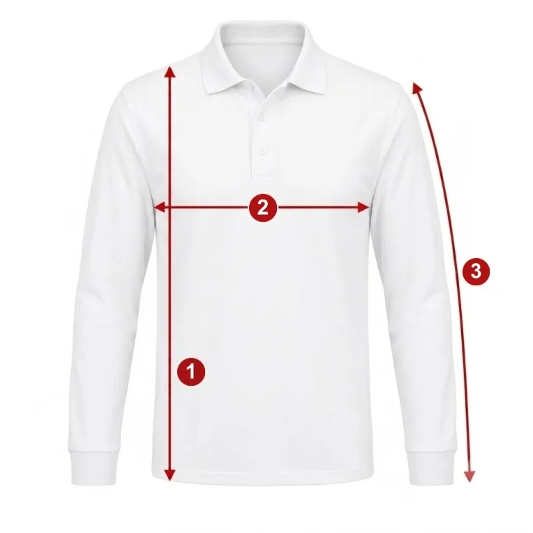 Como medir - ilustração com os pontos de medida numerados da tabela Camiseta Masculina - Manga Comprida (Polo, Redonda ou V)